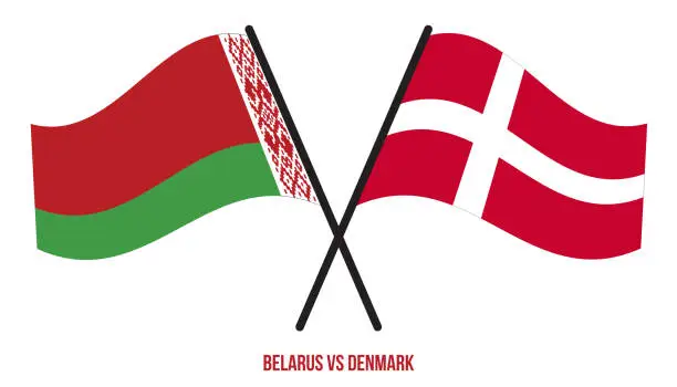 Vector illustration of Belarus and Denmark Flags Crossed And Waving Flat Style. Official Proportion. Correct Colors.