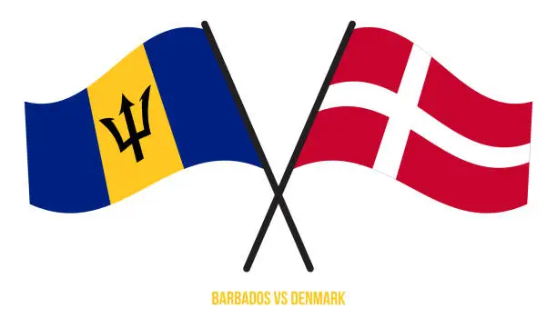 Vector illustration of Barbados and Denmark Flags Crossed And Waving Flat Style. Official Proportion. Correct Colors.