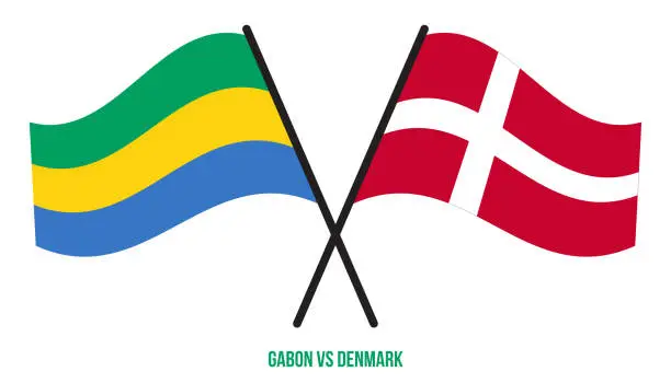 Vector illustration of Gabon and Denmark Flags Crossed And Waving Flat Style. Official Proportion. Correct Colors.