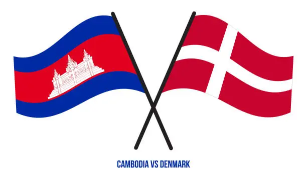 Vector illustration of Cambodia and Denmark Flags Crossed And Waving Flat Style. Official Proportion. Correct Colors.