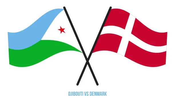 Vector illustration of Djibouti and Denmark Flags Crossed And Waving Flat Style. Official Proportion. Correct Colors.