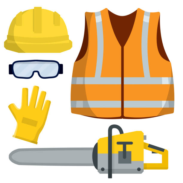 satz kleidung baumeister und arbeiter. reparatur und wartung. sicherheit und werkzeuge zum fällen von bäumen - mechanic cartoon construction work tool stock-grafiken, -clipart, -cartoons und -symbole