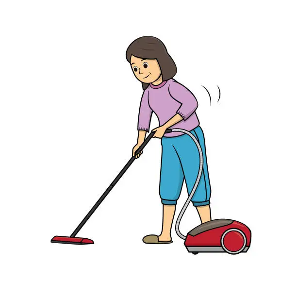 Vector illustration of Color vector illustration of kids activity coloring book page with pictures of woman doing housework by vacuum.