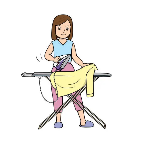 Vector illustration of Color vector illustration of kids activity coloring book page with pictures of woman doing housework by ironing clothes.