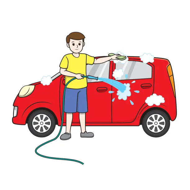 Vector illustration of Color vector illustration of kids activity coloring book page with pictures of men doing housework by wash the car.