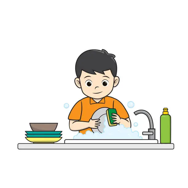 Vector illustration of Color vector illustration of kids activity coloring book page with pictures of kid doing housework by clean dish  .