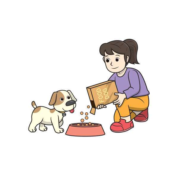 illustrazioni stock, clip art, cartoni animati e icone di tendenza di illustrazione vettoriale a colori della pagina del libro da colorare dell'attività dei bambini con immagini di donna che fa da mangiare a un cane. - animals feeding illustrations