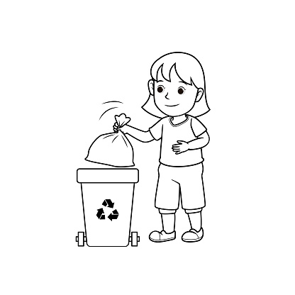 Black and white vector illustration of kids activity coloring book page with pictures of kid doing housework by throw away rubbish.
