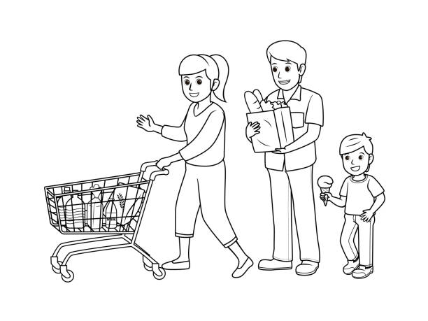Black And White Vector Illustration Of Kids Activity Coloring Book Page  With Pictures Of Family Doing By Shopping Stock Illustration - Download  Image Now - iStock