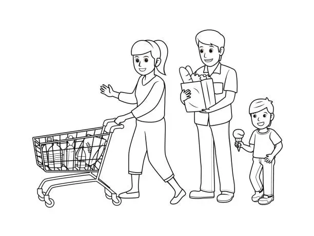 Vector illustration of Black and white vector illustration of kids activity coloring book page with pictures of  family doing by shopping.