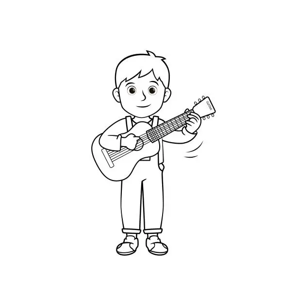 Vector illustration of Black and white vector illustration of kids activity coloring book page with pictures of kid doing by play guitar.