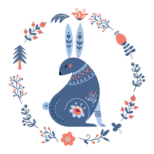 Vector rabbit in scandinavian style Folk forest animal Vector rabbit in scandinavian style. Folk forest animal in floral wreath. Winter christmas hare in nordic style. Folklore woodland character with flowers. Isolated on white background.Â swedish summer stock illustrations