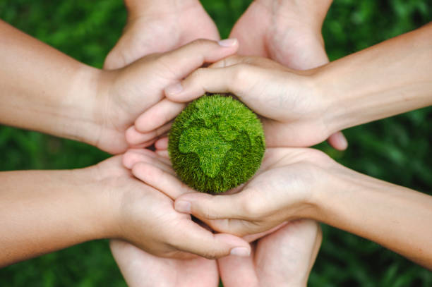 top view of teamwork hands holding the earth on a green background. protect nature. save earth. concept of the environment world earth day. ecology and environment sustainable concept. - sustainable imagens e fotografias de stock