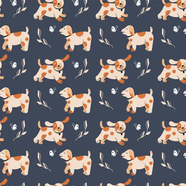Vector illustration of Seamless pattern of a fun running dog, a puppy.