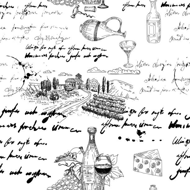 Seamless pattern Wine grape branche, bottles, glasses, vineyard, unreadable text, wooden barrel, chees, corkscrew. Doodle sketch hand drawing. Vector illustartion isolated retro Seamless pattern Wine grape branche, bottles, glasses, vineyard, unreadable text, wooden barrel, chees, corkscrew. Doodle sketch hand drawing. Vector illustartion isolated retro, vintage grape vine vineyard wine stock illustrations