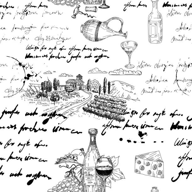 Seamless pattern Wine grape branche, bottles, glasses, vineyard, unreadable text, wooden barrel, chees, corkscrew. Doodle sketch hand drawing. Vector illustartion isolated retro Seamless pattern Wine grape branche, bottles, glasses, vineyard, unreadable text, wooden barrel, chees, corkscrew. Doodle sketch hand drawing. Vector illustartion isolated retro, vintage cheese texture seamless stock illustrations