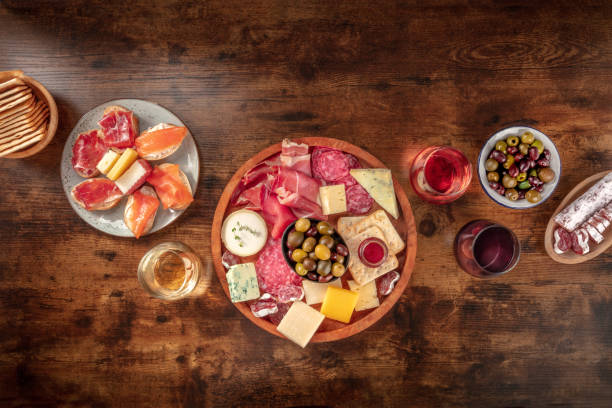istock Charcuterie and cheese board, overhead flat lay shot with copy space 1331034667