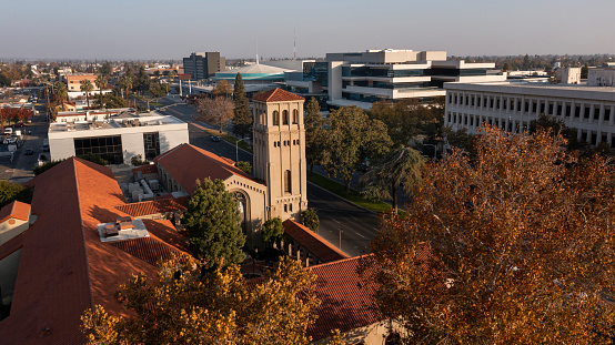 Sunset aerial view of historic downtown Bakersfield, California, USA.