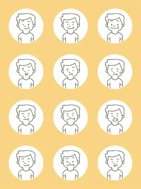 Vector illustration of Cute avatar icons (Facial expression, Emoticon) of overweighted boys in thin-line style