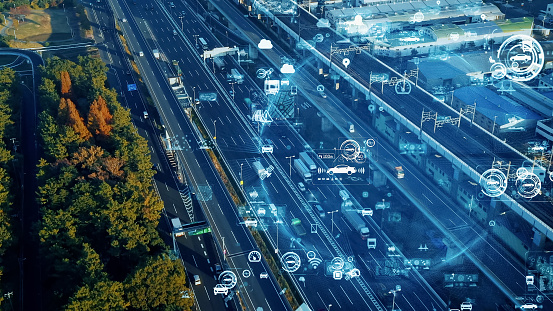 Transportation and technology concept. ITS (Intelligent Transport Systems). Mobility as a service. Telematics.