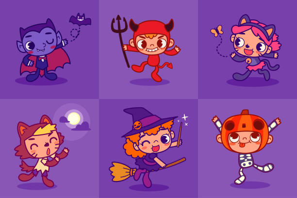 kids in cute Halloween costume ready for party Kids in cute Halloween costume ready for party. Set of funny and cute kids in Halloween mascot costume illustration. cartoon of the devils pitch fork stock illustrations