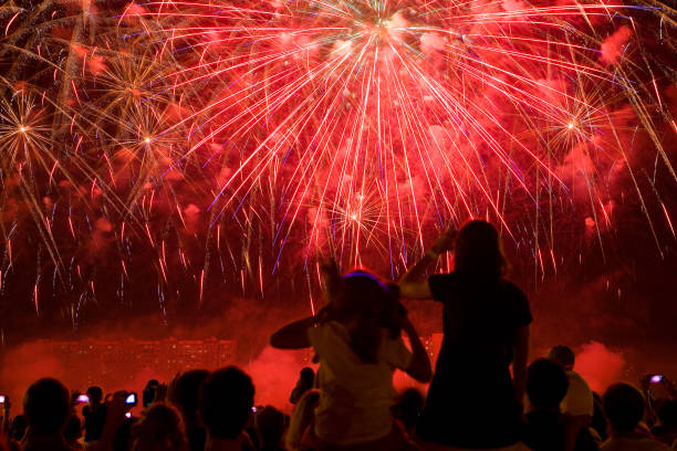 istock Beautiful fireworks in the dark evening sky. 1331042720