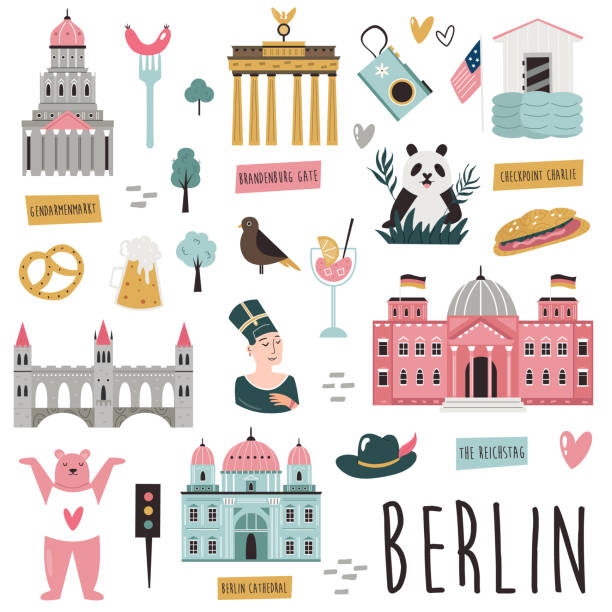 ilustraciones, imágenes clip art, dibujos animados e iconos de stock de conjunto de símbolos famosos y puntos de referencia de berlín. vector brillante conjunto de iconos - berlin germany brandenburg gate germany monument