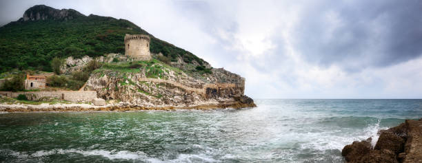 Circeo National Park, Paola Tower on the slopes of Mount Circeo, province of Latina in the Lazio region, on the southwestern coast of Italy on the Tyrrhenian Sea. Ancient watchtower. sabaudia stock pictures, royalty-free photos & images
