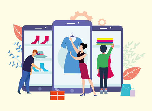 Online shopping service concept. Vector illustration of young male and female customers looking at three large smartphone apps. Order concept with online payment.