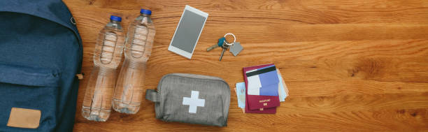 istock Top view of emergency backpack preparations 1331048886