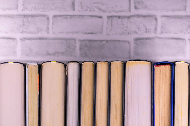 istock Collection of old books on white brick wall background. Copy space. 1331052035