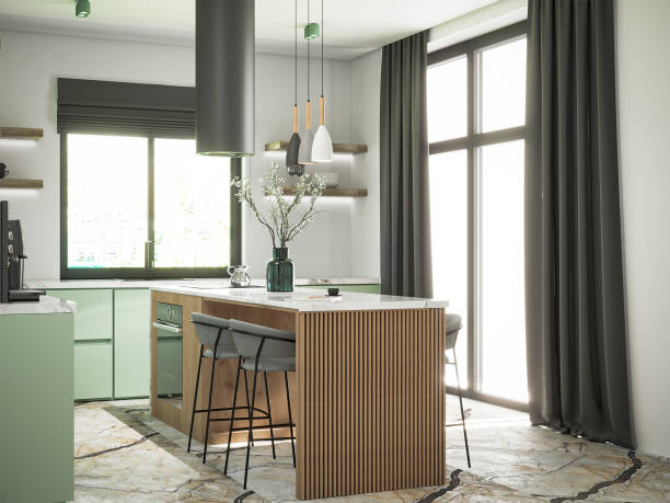 3d renderowania nowoczesnego drewnianego i oliwkowego wnętrza kuchni. - domestic kitchen furniture decor luxury zdjęcia i obrazy z banku zdjęć