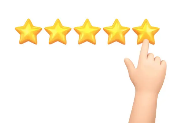 Photo of Cartoon hand showing on five stars rating isolated on white. Customer experience concept