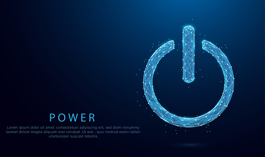 power button concept on Low Poly wireframe blue illustration on dark background. Lines and dots.