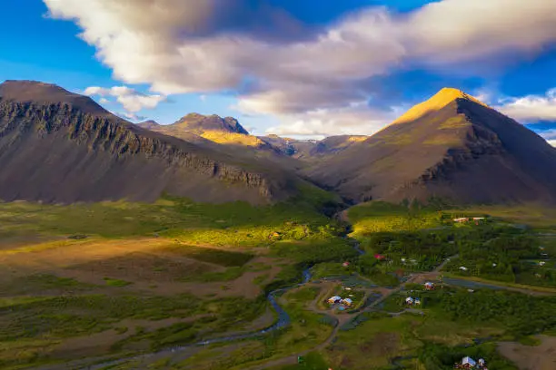 Photo of Aerial view of mountains above the village of Akranes in western Iceland