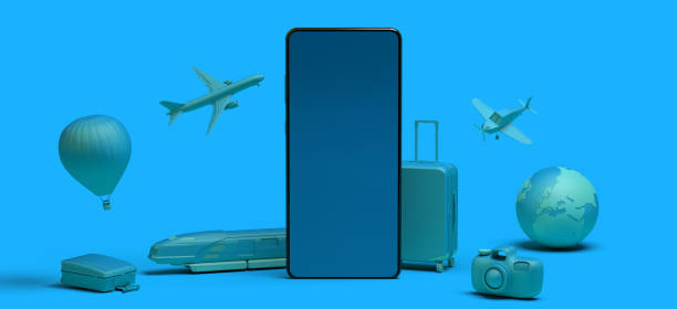 istock Travel concept with smartphone. Banner. Plane, train, suitcase, camera, balloon ... Copy space. App. 1331058211