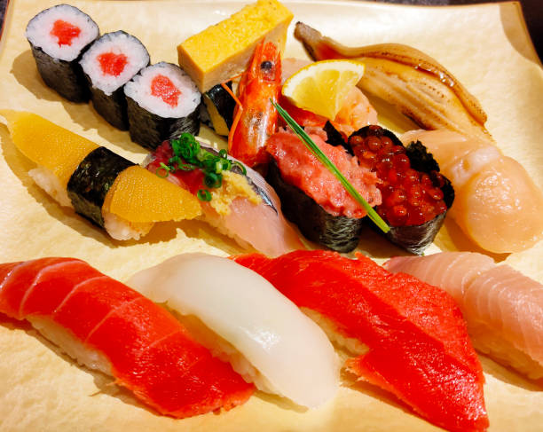 istock Close-up rice ball sushi in restaurant. 1331058260
