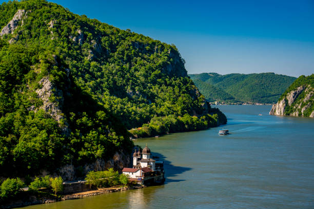 View at Mraconia monastery on Romanian side of Danube river Djerdap gorge
