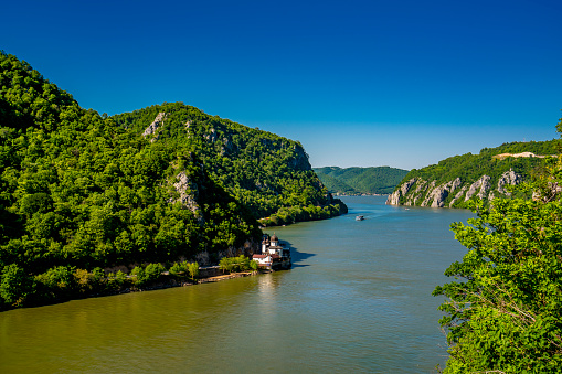 View at Mraconia monastery on Romanian side of Danube river Djerdap gorge