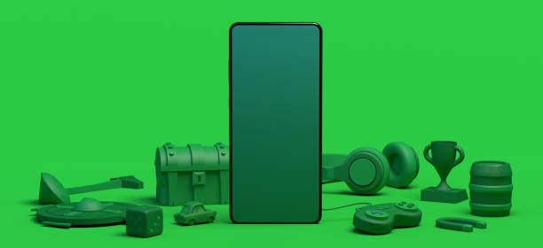 istock Gamer concept with smartphone. Banner. Game console controller, dice, headphones, chest, shield,  diamond, mouse, prize ... 3D illustration. 1331058547