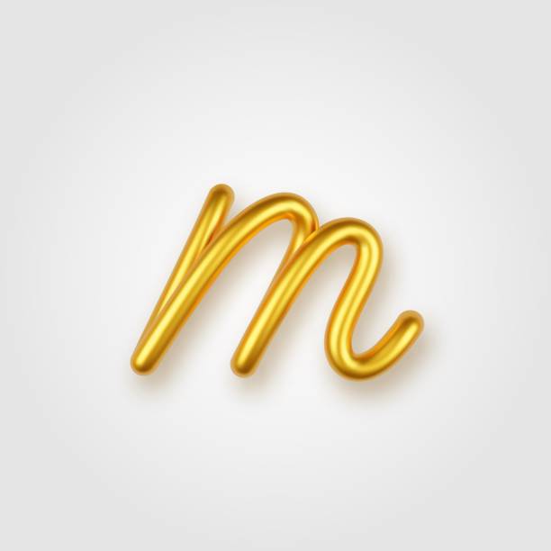 밝은 배경에 골드 3d 사실적인 소문자 m. - letter m alphabet three dimensional shape metal stock illustrations