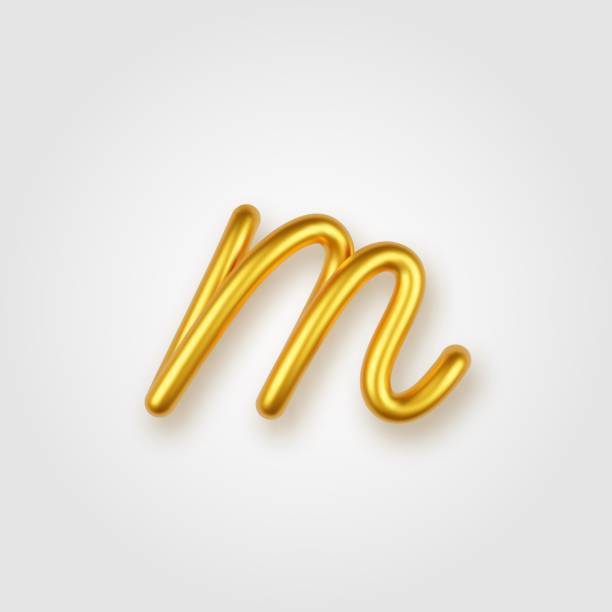 złota litera 3d realistyczna mała litera m na jasnym tle. - letter m alphabet three dimensional shape metal stock illustrations