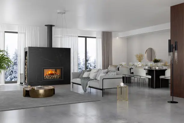 Photo of Luxury Living Room Interior With Fireplace, Dining Table And Snow View From The Window