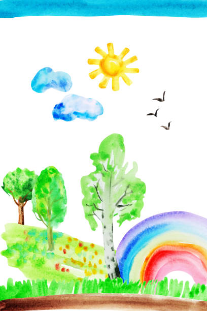 istock Watercolor hand drawn naive kids drawing with rainbow, sun, sky, birds, tree, grass 1331062341