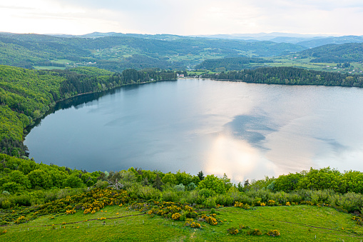 view of Lake Issarles, Le Lac-d'Issarlès, Ardeche, Auvergne-Rhône-Alpes, France