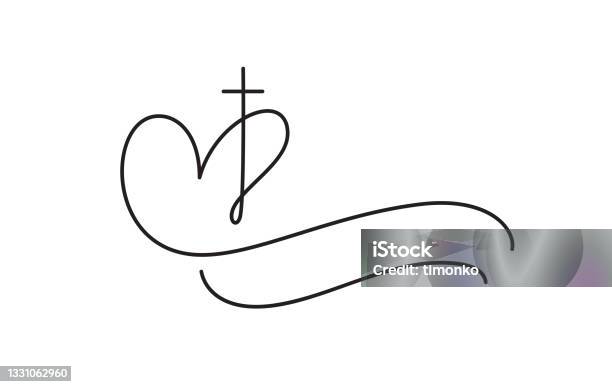 Template Vector Logo For Churches And Christian Organizations Cross On The Heart Religious Calligraphy Sign Emblem Cross And Heart Minimalistic Illustration Stock Illustration - Download Image Now