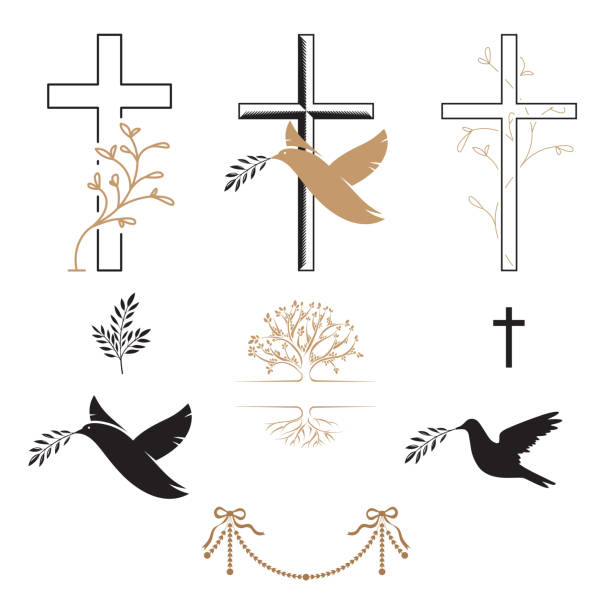 funeral icons. cross, dove, flower, bird. mourning wishes, condolence - dua etme illüstrasyonlar stock illustrations