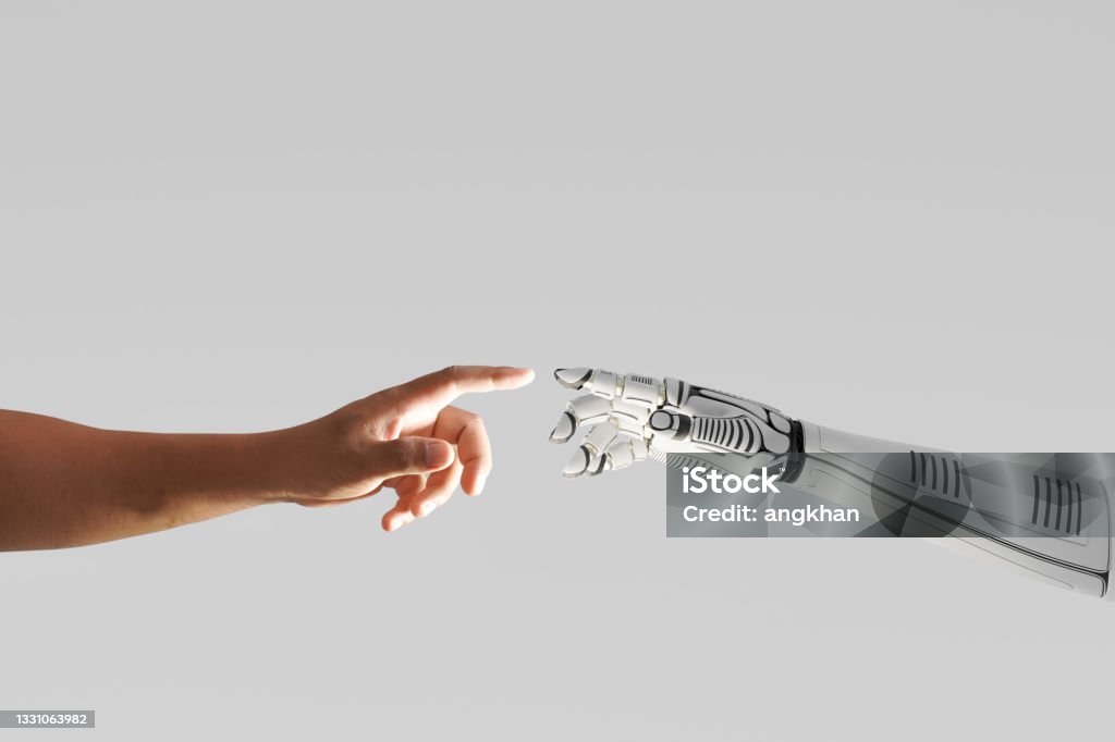 robot hand touching with human hand robot hand touching with human hand, 3d illustration rendering Robot Stock Photo