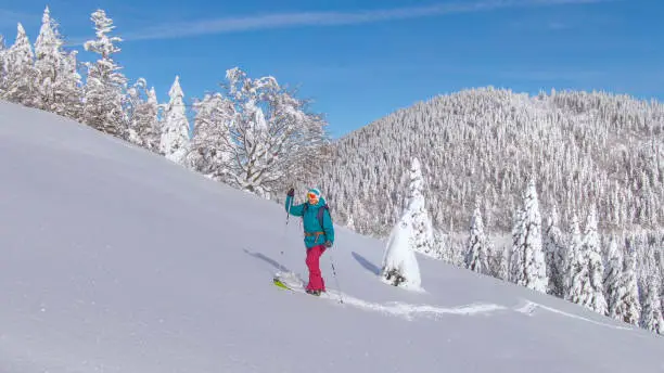 DRONE: Fit female splitboarder hikes up a steep snowy hill in the sunny Julian Alps. Scenic wintry landscape surrounds a young woman on a ski touring adventure in Bohinj, Slovenia. Ski tourer trekking