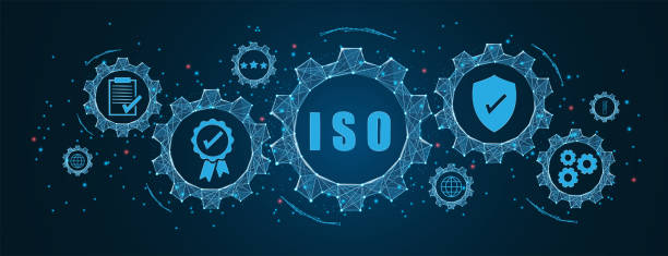 istock Abstract ISO standards quality control concept, assurance warranty in dark background. Cogs and gear wheel mechanisms concept. wireframe low polygonal blue mesh with dots, lines, and shapes. 1331064660